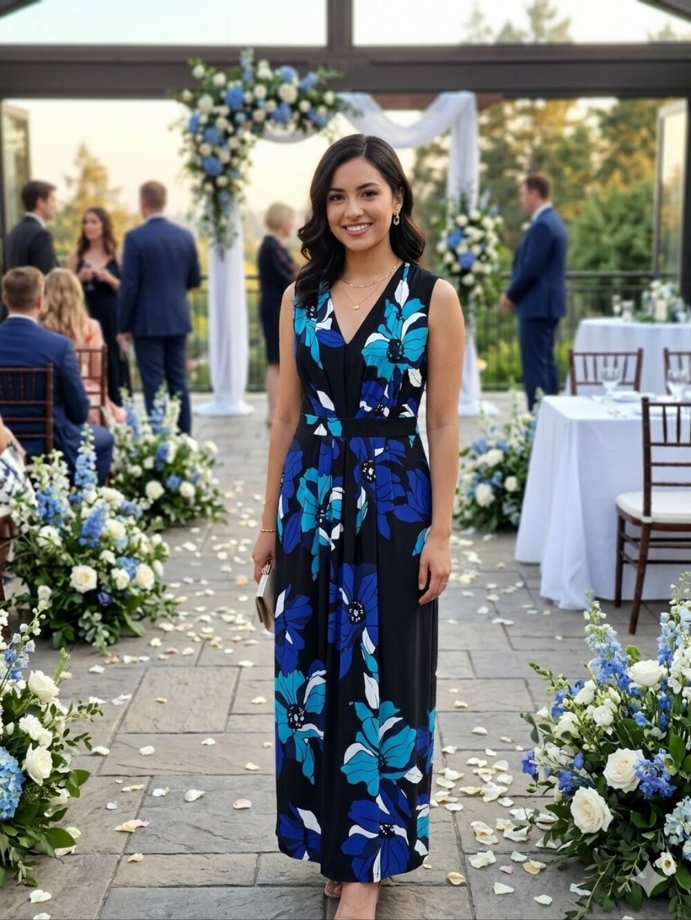 Chico's Black Maxi Dress with Blue and White Floral Print